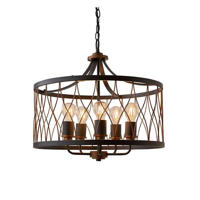 Hulton 5 Light Pendant in matt black and bronze, with open lattice metal drum shade, five exposed bulbs and adjustable chain, on a white background.