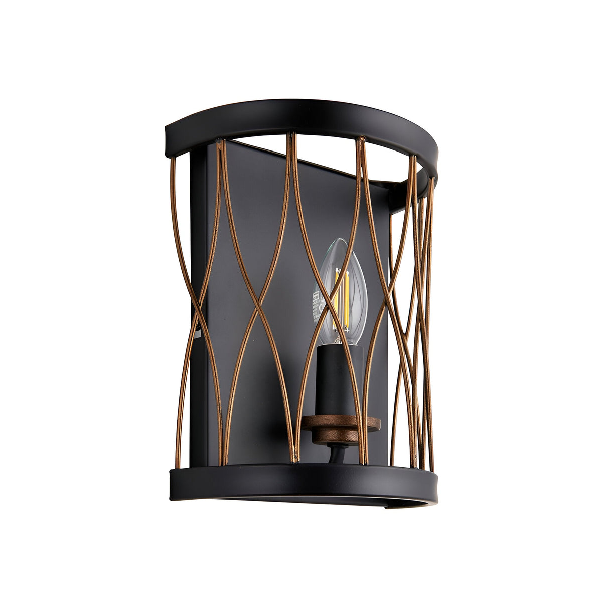 Endon Hulton wall light with curved bronze cage bars over a matt black steel frame, single E14 candle bulb, shown on a white background.