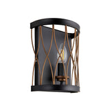 Endon Hulton wall light with curved bronze cage bars over a matt black steel frame, single E14 candle bulb, shown on a white background.