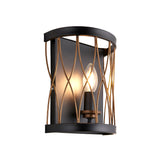 Endon Hulton wall light with a curved steel cage in matt black and rustic bronze, single E14 candle bulb, shown on a plain white background.
