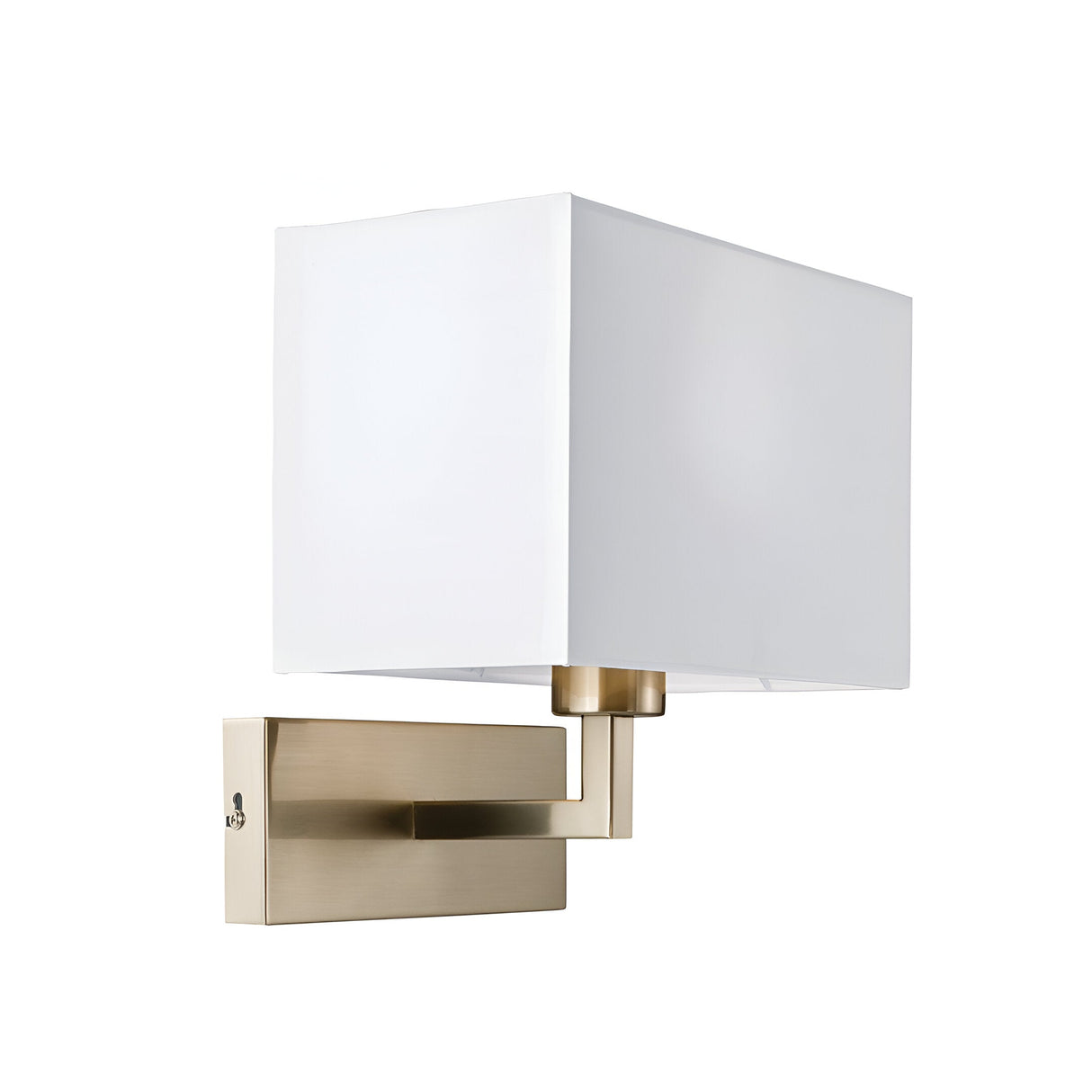 Endon Chartcombe wall light with satin nickel steel bracket, rocker switch and rectangular white fabric shade, shown on a plain white background.