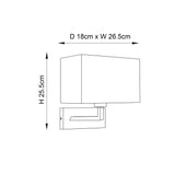 Endon Chartcombe wall light dimension diagram showing 25.5cm height, 26.5cm width and 18cm depth for the rectangular shade and bracket.