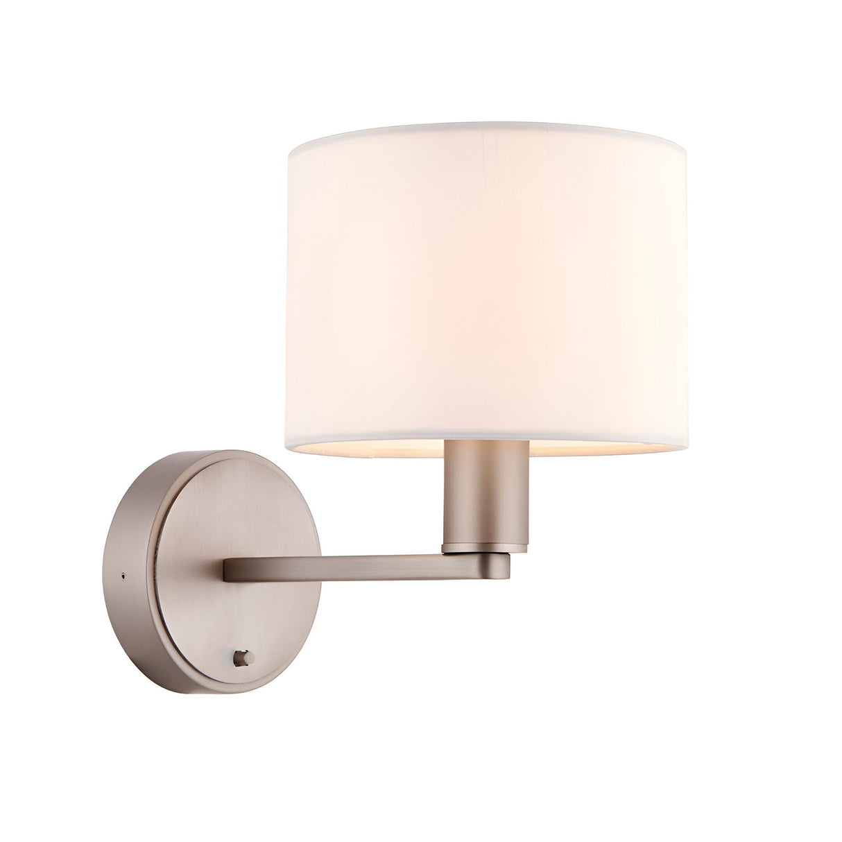 Bexley Wall Light in nickel, featuring a single-arm design with a round backplate and a white fabric drum shade, shown on a plain background.