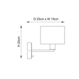 Line drawing of the Bexley wall light showing nickel arm and switch with white square shade, sized D23cm x W15cm x H20cm.