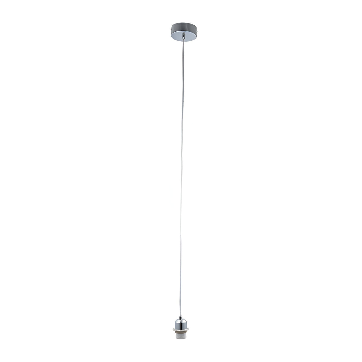 Endon Ashwell cable set pendant light with polished chrome ceiling rose, clear flex and white E27 lampholder on a plain white background.
