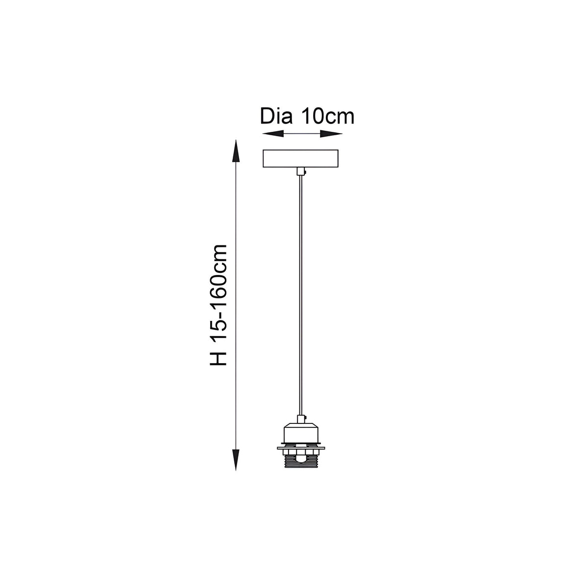 Dimensions diagram of the Endon Ashwell chrome and white E27 pendant cable set showing 10cm diameter ceiling plate and adjustable 15-160cm drop.