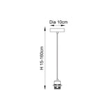 Dimensions diagram of the Endon Ashwell chrome and white E27 pendant cable set showing 10cm diameter ceiling plate and adjustable 15-160cm drop.