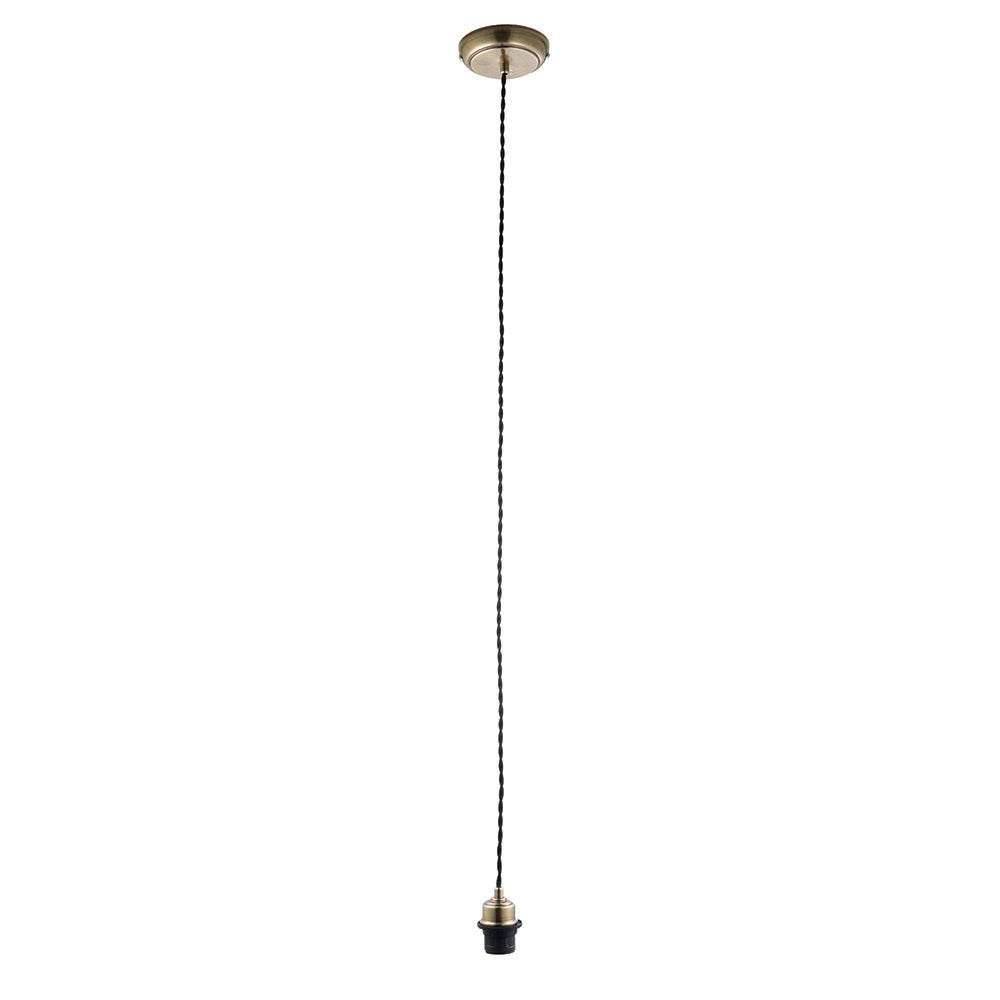 Endon Ashwell E27 pendant cable set with antique brass ceiling plate, black twisted flex and black lampholder on a white background.