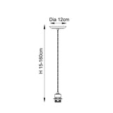 Endon Ashwell cable set pendant light dimensions diagram showing 12cm diameter ceiling plate and 15-160cm adjustable height with E27 lampholder.
