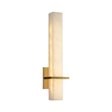 The Aurevon LED Vertical Panel Alabaster Wall Light features a long alabaster shade and brushed brass base, mounted vertically against a white backdrop for a modern look.
