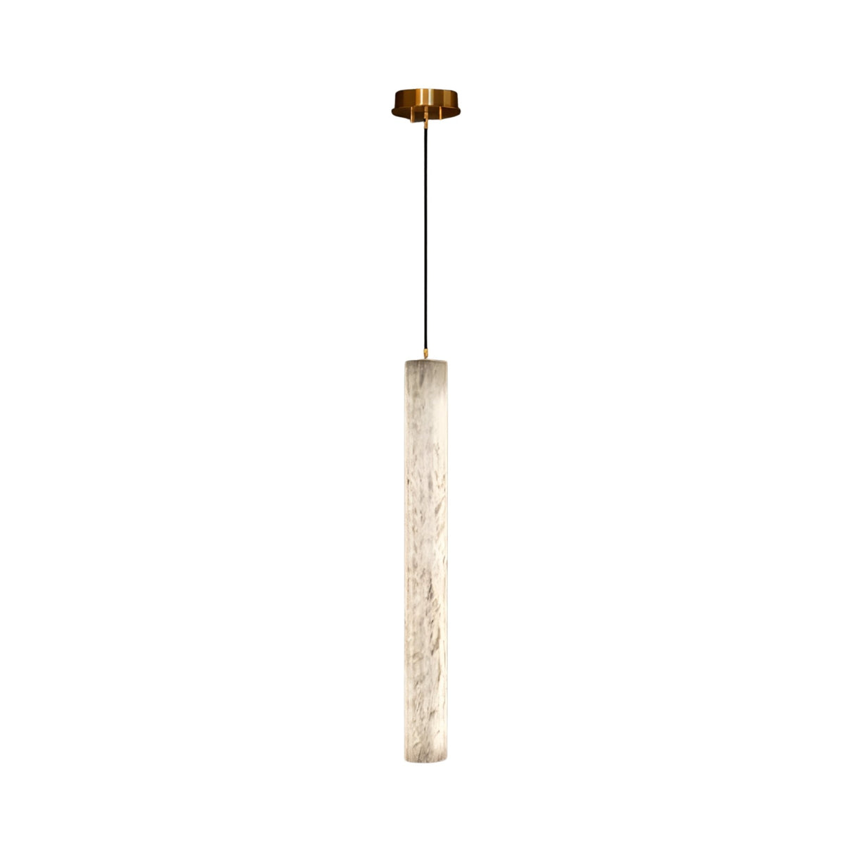 The Zenvia LED Alabaster Single Pendant Light features a soft white cylindrical shade, a thin black cord, and a round brushed brass ceiling mount for modern sculptural appeal.