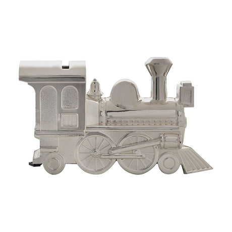 Steam train money box in silverplated metal with a coin slot, featuring a tall chimney, domed boiler, bell, textured cab panels and cowcatcher front, shown on a plain white background.