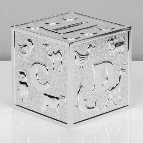 Silver-plated metal alphabet block money box with coin slot on top, featuring raised letters C and D and embossed farmyard animals, shown on a plain light grey background.
