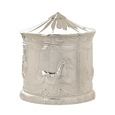 Silverplated round money box shaped like a carousel, with fluted canopy top and embossed galloping horses between twisted poles against a stippled background, shown on a plain white background.