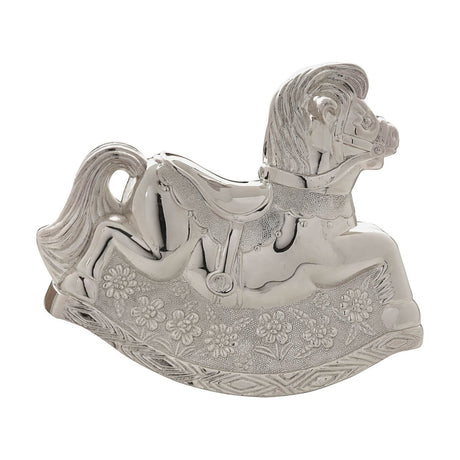 Embossed silverplated metal rocking horse money box with flowing mane, saddle, bridle, floral rockers, and coin slot, shown on a plain white background.