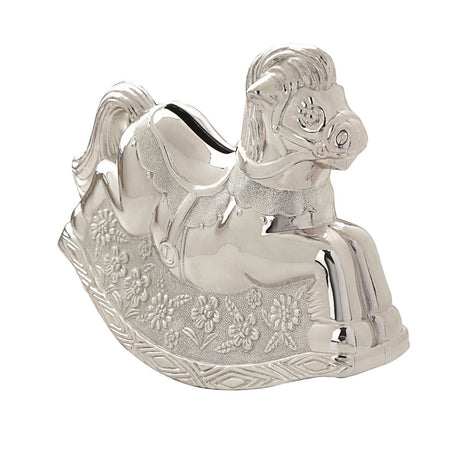 Embossed silverplated metal rocking horse money box with coin slot, flowing mane and tail, saddle detail, and floral-embossed rockers, shown on a plain white background.