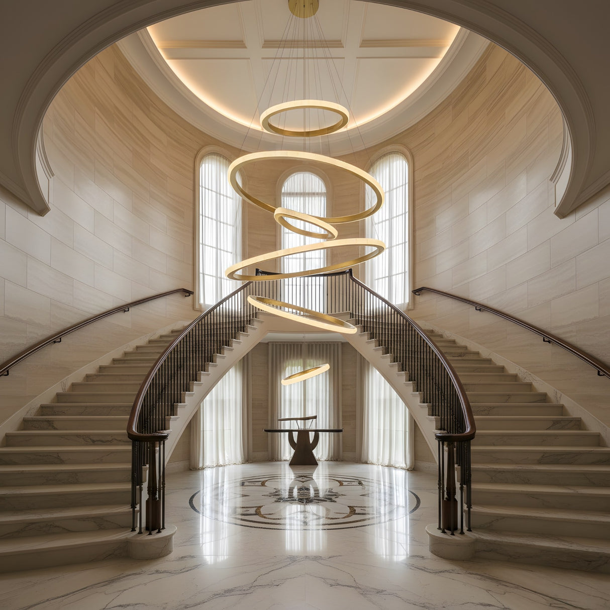 A grand foyer with twin curved staircases, a geometric marble floor, tall arched windows, and the Lucenza LED Cascading Halo Ring Alabaster Chandelier in brushed brass & soft white illuminating a round table. The space is bright, elegant, and symmetrical.
