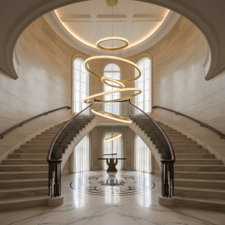 A grand foyer with twin curved staircases, a geometric marble floor, tall arched windows, and the Lucenza LED Cascading Halo Ring Alabaster Chandelier in brushed brass & soft white illuminating a round table. The space is bright, elegant, and symmetrical.