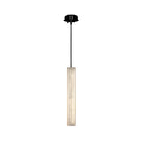 The Lucara LED Alabaster Single Pendant Light features a matte black ceiling mount and a long soft white frosted shade hanging vertically on a thin black cord.