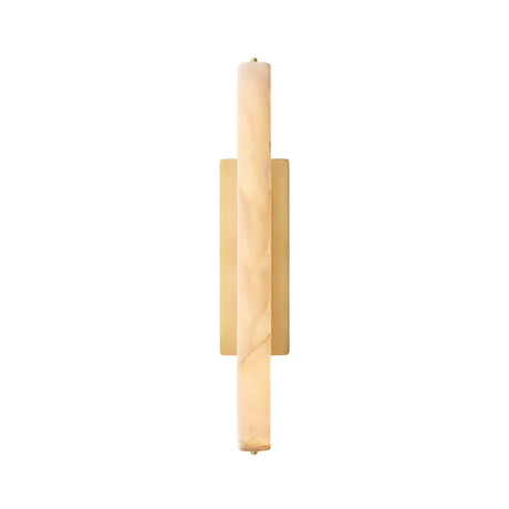 The Selvara LED Large Alabaster Wall Light features a vertical cylindrical alabaster shade and a rectangular brushed brass backplate, shown against a white background.