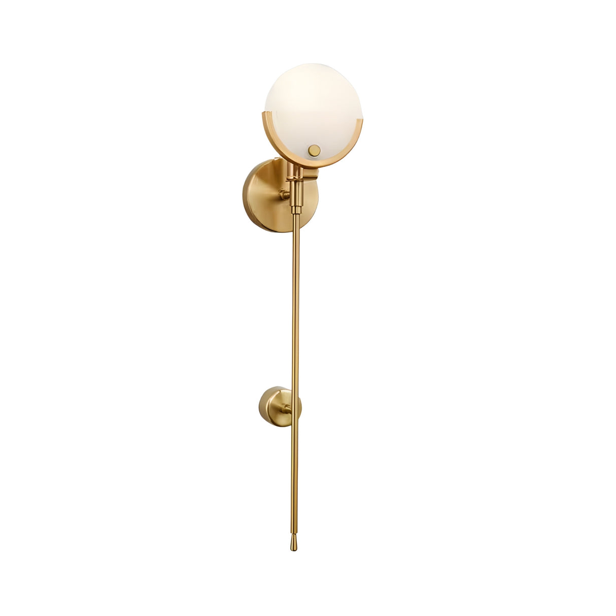 The Solara 1 Light Large Sphere Stem Alabaster Wall Light features a long vertical rod, round backplate, and alabaster globe shade in soft white with a brushed brass finish for modern elegance.