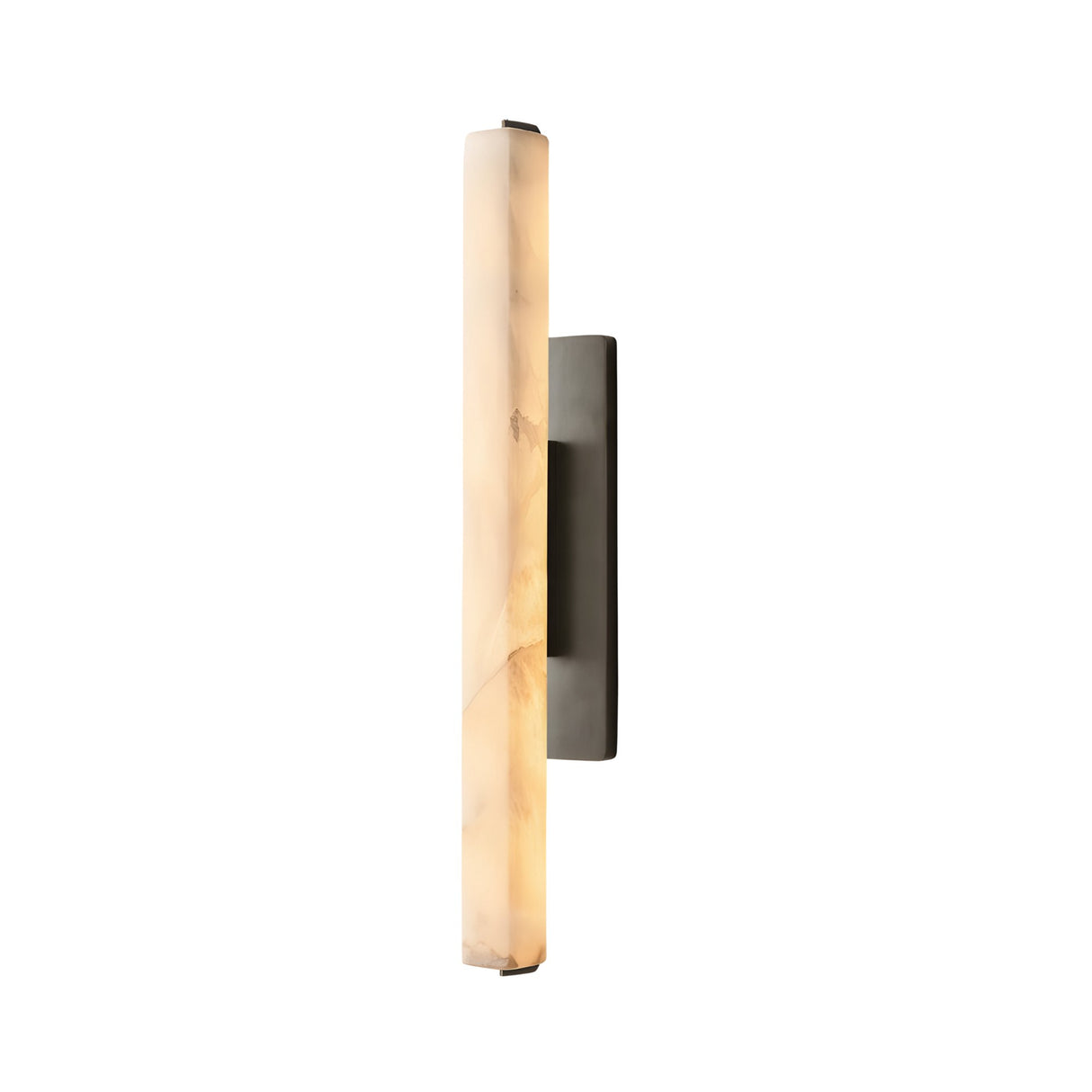 The Selvara LED Large Alabaster Wall Light features a vertical cylindrical soft white shade and a matte black rectangular base, creating a modern minimalist look as it emits warm light against a white background.