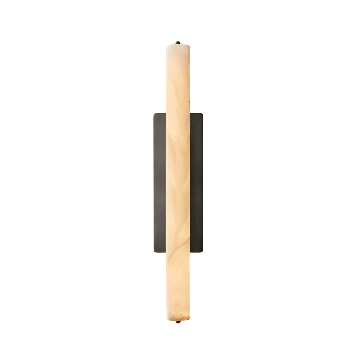 The Selvara LED Large Alabaster Wall Light in Matte Black & Soft White features a vertical cylindrical alabaster shade and a rectangular black backplate, shown against a white background.