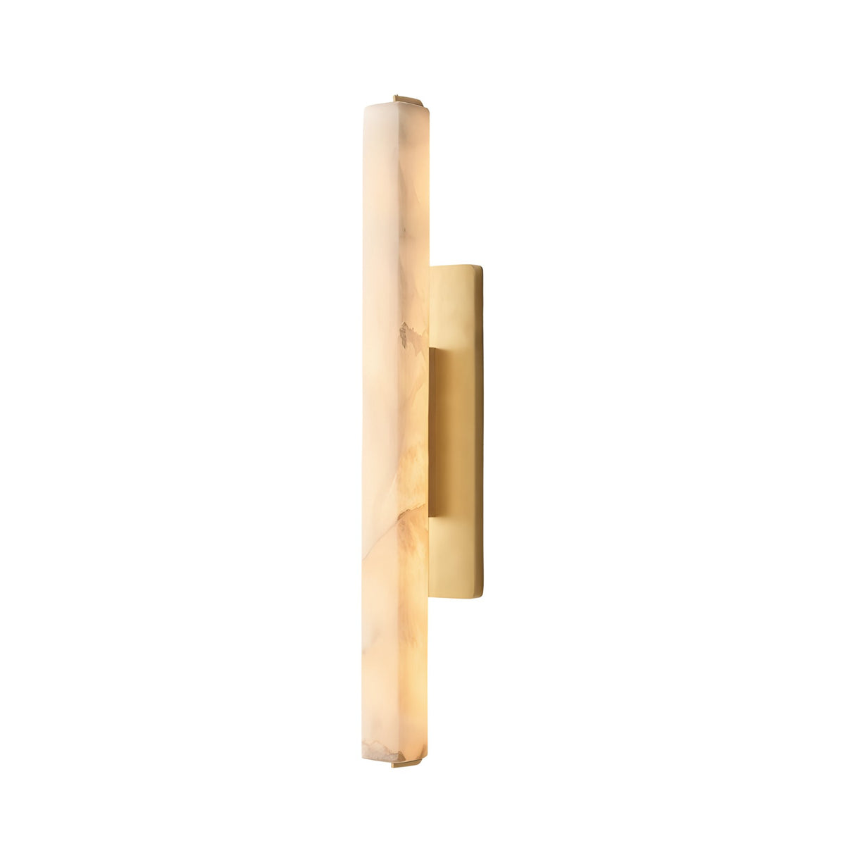 The Selvara LED Large Alabaster Wall Light in brushed brass features a vertical, elongated soft white shade and a gold backplate, casting a gentle, warm glow and bringing modern elegance to any plain white wall.