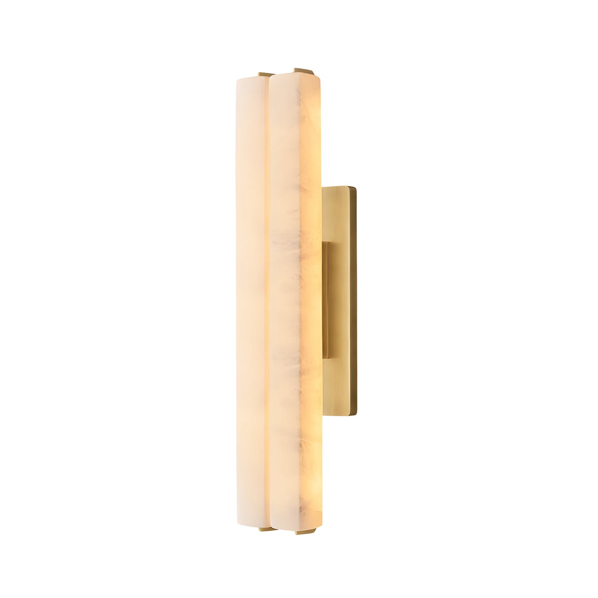 The Selvara LED Medium Alabaster Double Wall Light features a brushed brass base and soft white, vertically elongated frosted glass shade, emitting a warm, gentle glow against a white background.
