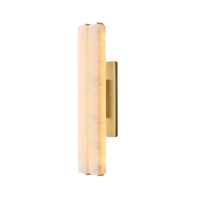 The Selvara LED Medium Alabaster Double Wall Light features a brushed brass base and soft white, vertically elongated frosted glass shade, emitting a warm, gentle glow against a white background.