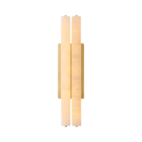 The Selvara LED Medium Alabaster Double Wall Light in brushed brass and soft white features two vertical frosted glass bars and a central gold mounting plate, shown against a plain white background.
