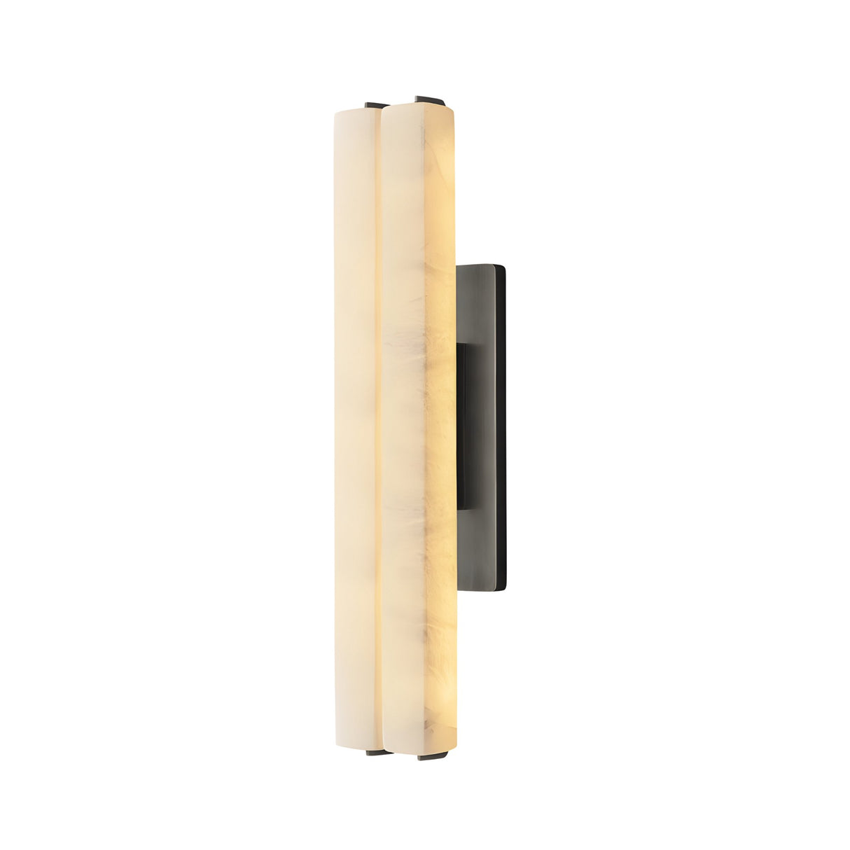 The Selvara LED Medium Alabaster Double Wall Light in matte black & soft white features a sleek backplate and vertical cylinder shades, providing soft, warm illumination with a modern design.