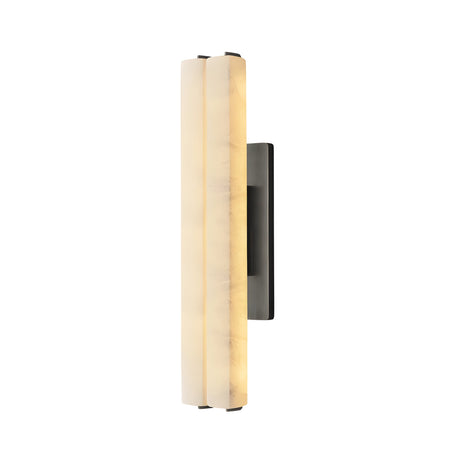 The Selvara LED Medium Alabaster Double Wall Light in matte black & soft white features a sleek backplate and vertical cylinder shades, providing soft, warm illumination with a modern design.
