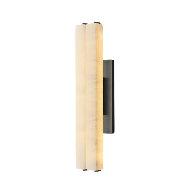 The Selvara LED Medium Alabaster Double Wall Light in matte black & soft white features a sleek backplate and vertical cylinder shades, providing soft, warm illumination with a modern design.