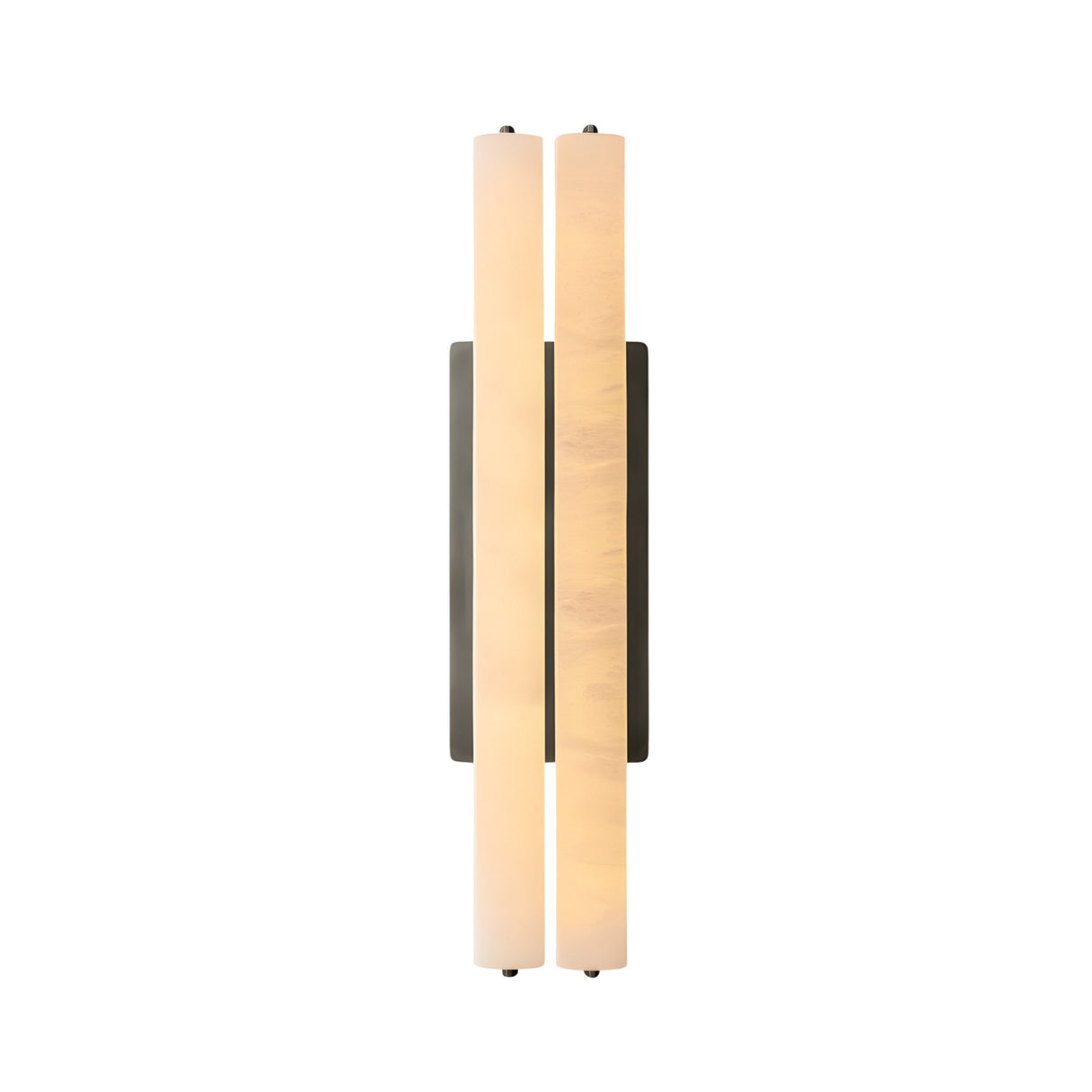 The Selvara LED Medium Alabaster Double Wall Light in matte black and soft white features two vertical frosted tubes on a rectangular backplate, beautifully illuminated against a white background.