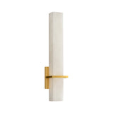 The Aurevon LED Vertical Panel Alabaster Wall Light features a tall white alabaster shade, brushed brass accents, and a gold backplate, creating a modern look against a white background.