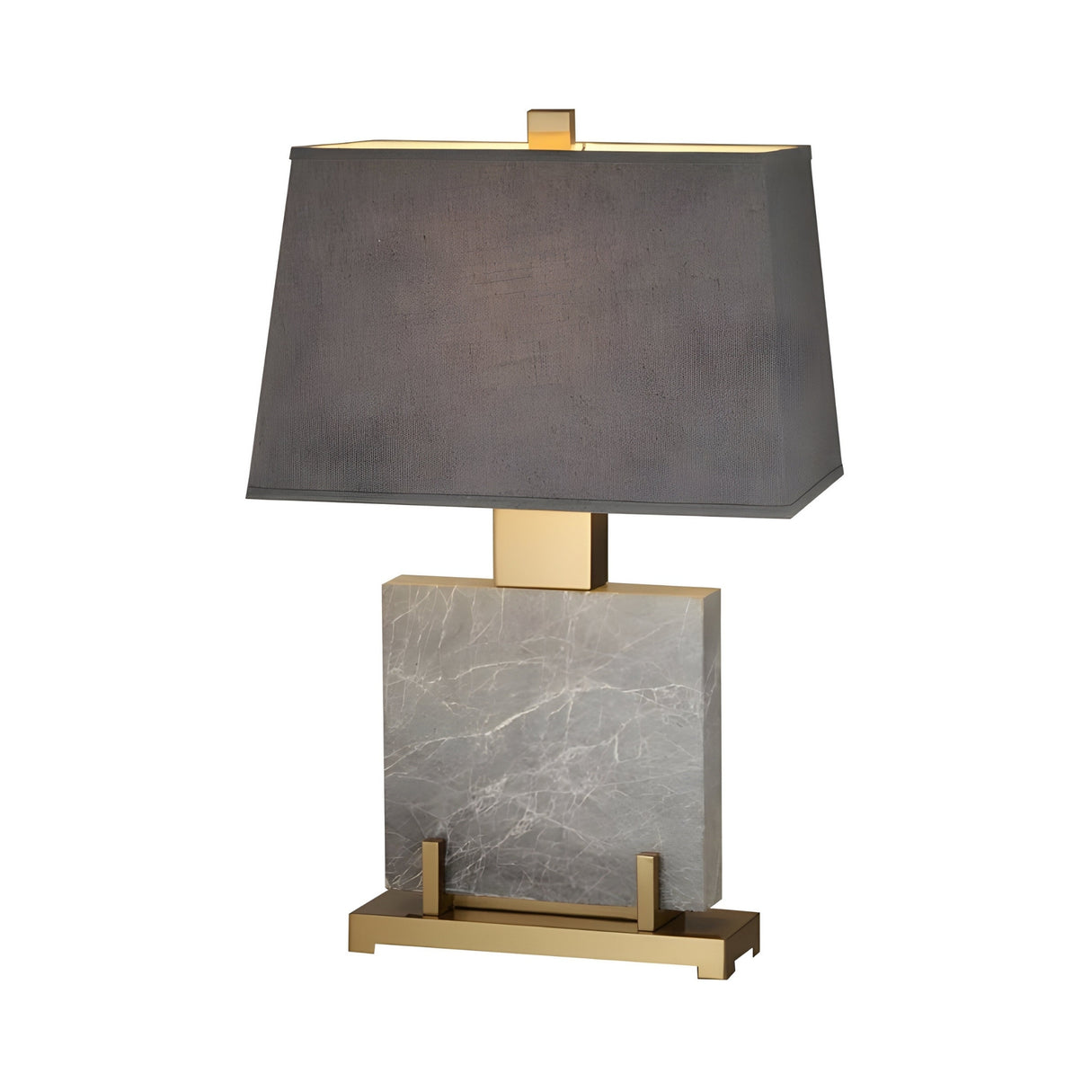 The Karsen 1 Light Framed Marble Table Lamp features a brass and black frame, a rectangular marble base, and a wide gray shade—modern architectural lighting shown on a white background.