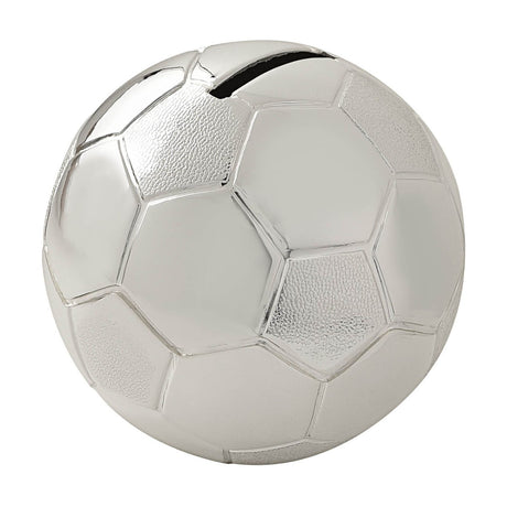 Silverplated football-shaped money box with a coin slot, featuring smooth and pebbled textured panels in a bright silver finish, shown on a plain white background.