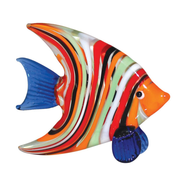 Multicoloured Striped Fish Miniature Glass Figurine, 7cm, with orange, red, black, white and pale green banded body, blue tail and fin, and an orange face, shown on a plain white background.