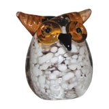 Miniature speckled owl glass figurine with white-speckled round body, brown head, pointed ear tufts and round eyes, shown on a plain white background.