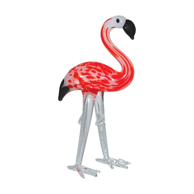 Standing Flamingo Miniature Glass Figurine with a curving neck, white head and black beak, red-speckled white body, black-tipped tail, and clear glass legs and feet, on a plain white background.