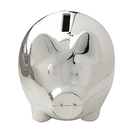 Silverplated metal piggy money box with round body, pointed ears, flat snout, coin slot on top, and four stubby legs, shown on a plain white background.
