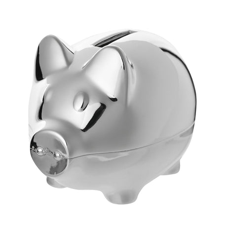 Silverplated metal piggy money box with mirror-shine finish, rounded pig shape, pointed ears, flat snout, coin slot on back, and four stubby legs, shown on a plain white background.
