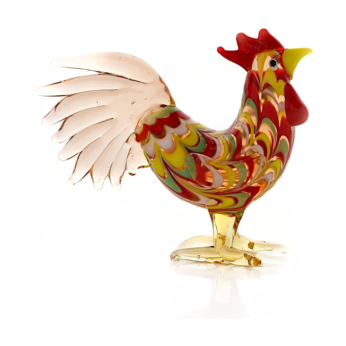 Swirl Rooster Miniature Glass Figurine with Pink Tail - Red