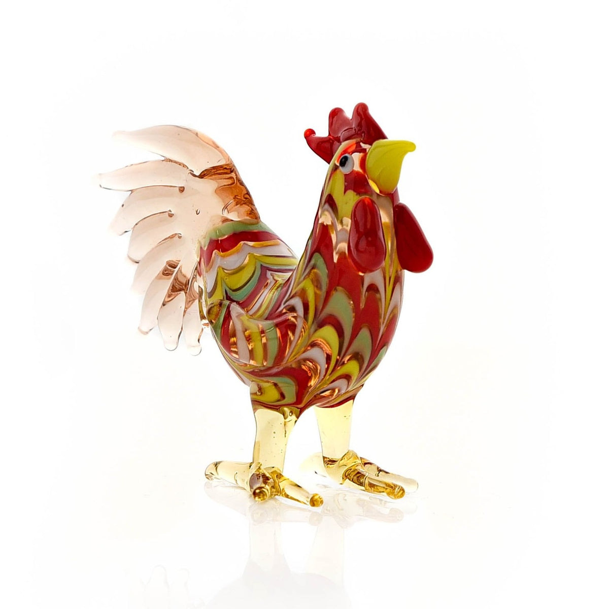 Swirl Rooster Miniature Glass Figurine with Pink Tail - Red