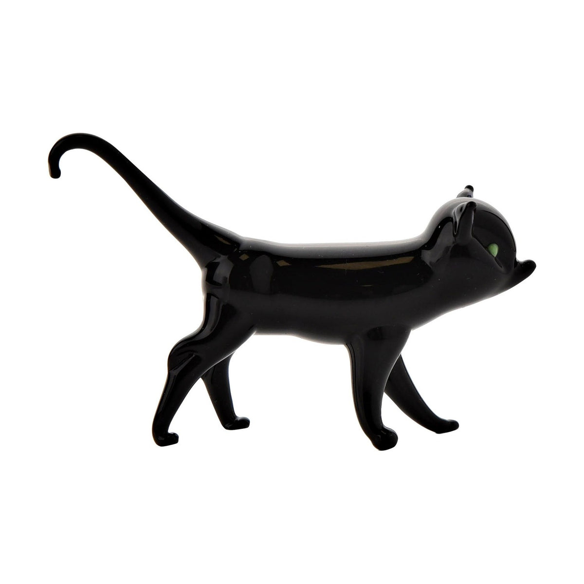 Walking Cat Miniature Glass Figurine with Green Eyes - Black