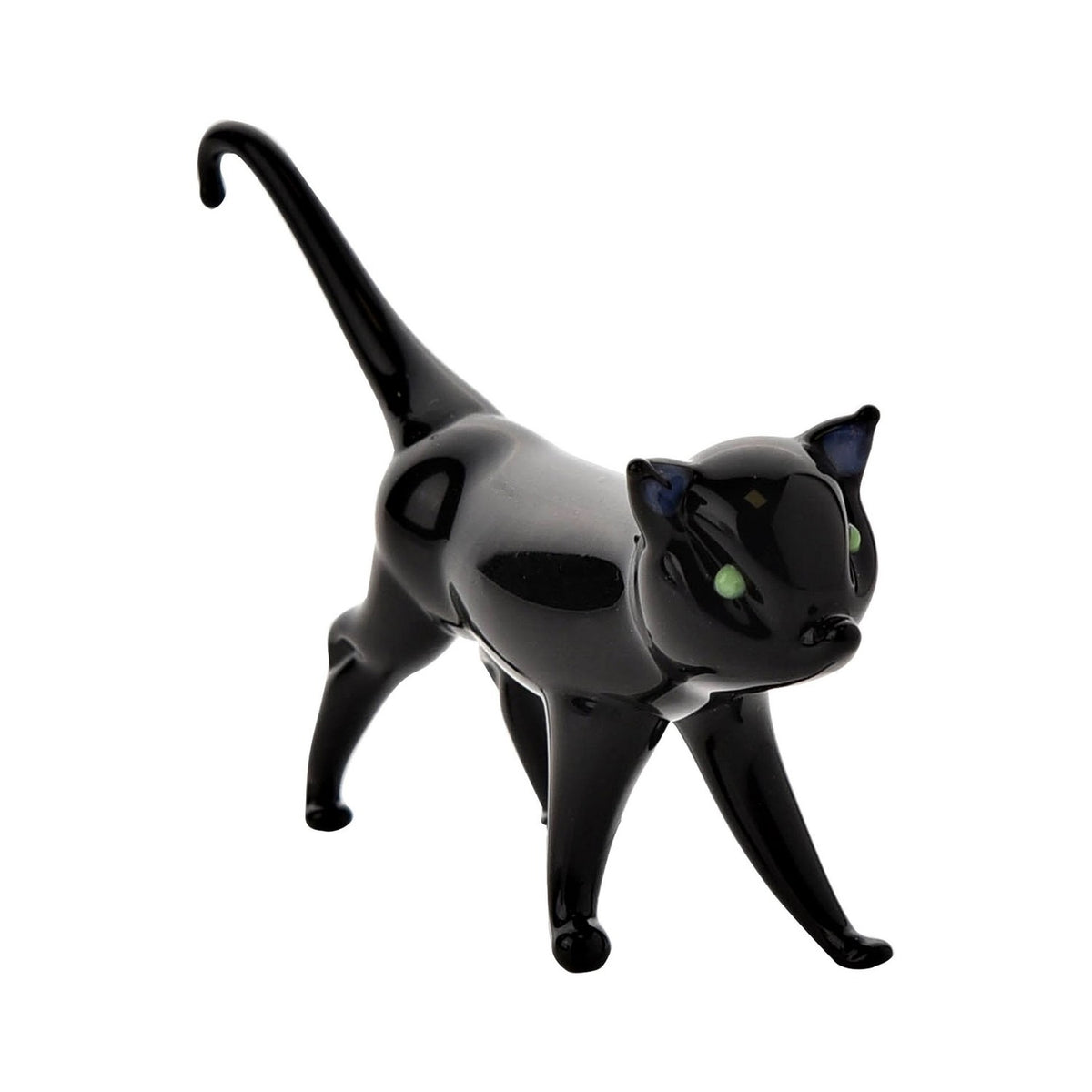 Walking Cat Miniature Glass Figurine with Green Eyes - Black