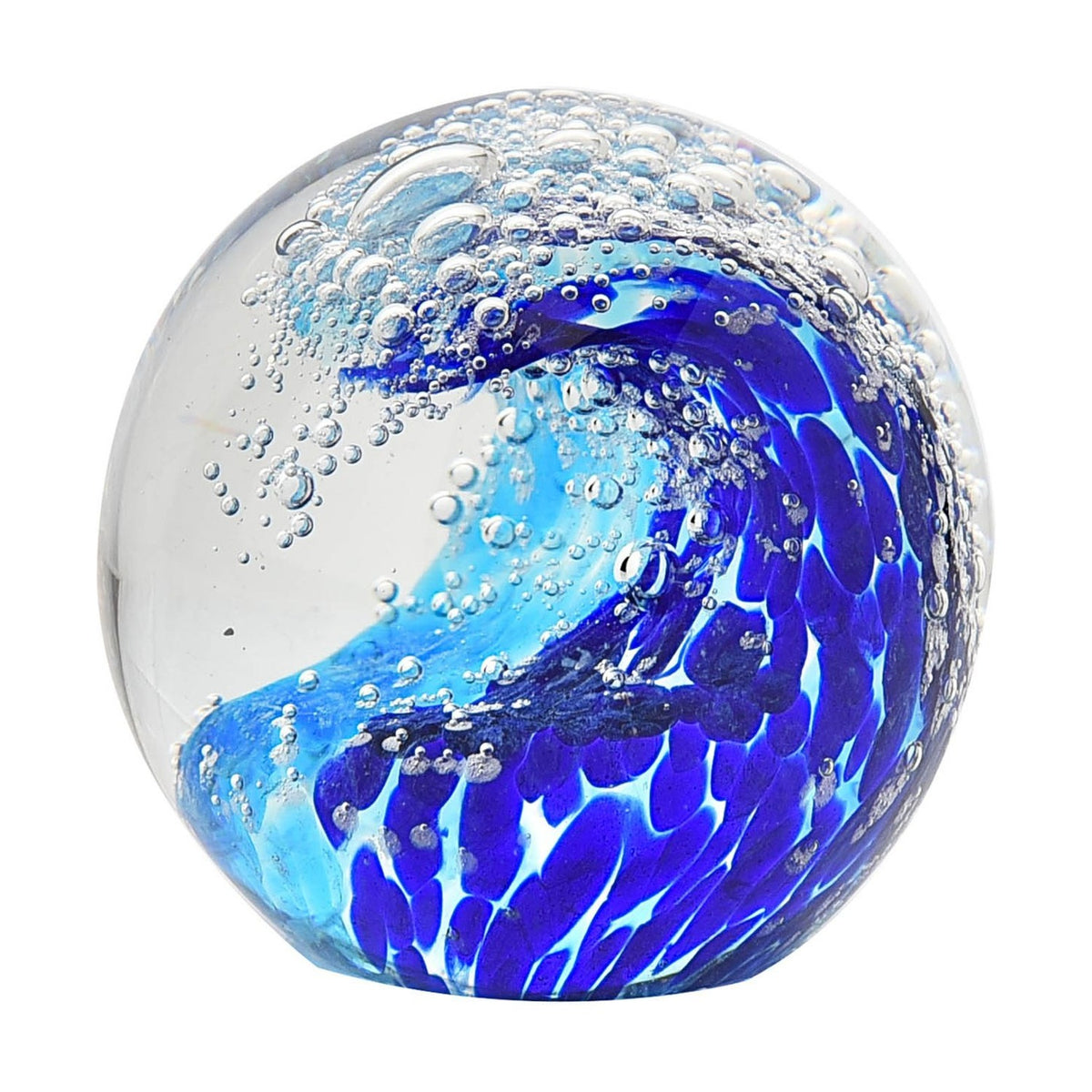 Round glass paperweight with a cobalt to sky blue swirling wave and clear bubble foam at the top, smooth glossy finish, on a plain white background.