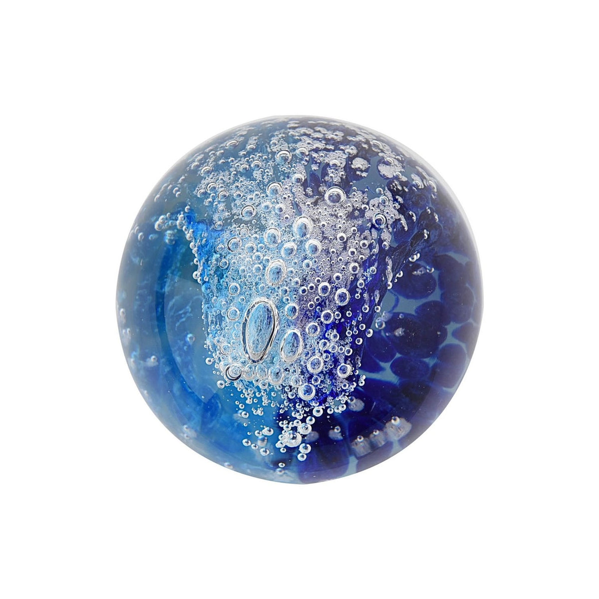 Round glass paperweight with a cobalt blue wave design and clustered clear bubbles resembling sea foam, smooth gloss finish, shown on a white background.