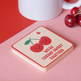 We're Cherry Sweet Together Square Wooden Coaster - Peach
